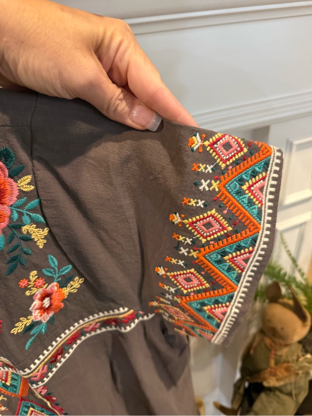 Savanna Jane Gray Embroidered Boho Blouse with Pink & Teal Floral Accents - Picture 4 of 5